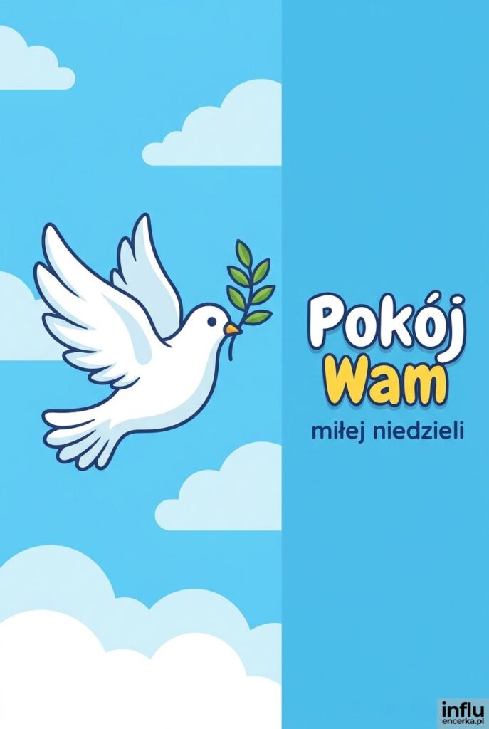 Kreskówkowy gołąb z gałązką oliwną na niebie z chmurkami i napisem „Pokój Wam”.