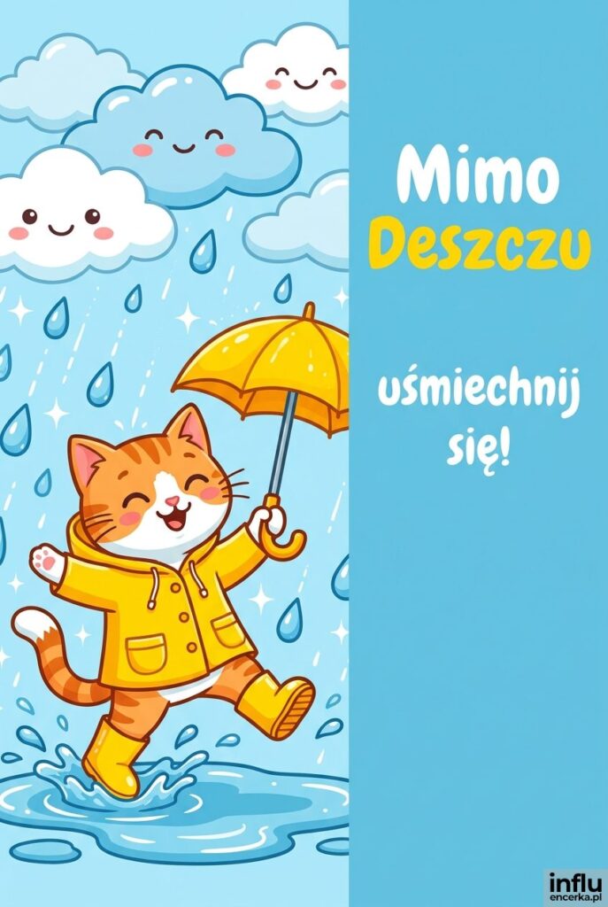 Kreskówkowy kot w żółtym płaszczu z parasolem skaczący po kałużach obok napisu „Mimo Deszczu".