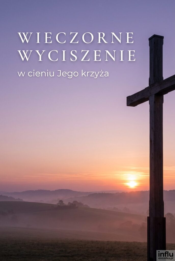 Krzyż przydrożny na tle zachodzącego słońca z życzeniem „Wieczorne wyciszenie”.