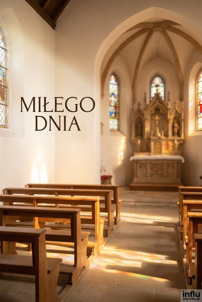 Wnętrze kościoła o poranku z promieniami słońca i napisem „Miłego dnia" na jasnej ścianie.