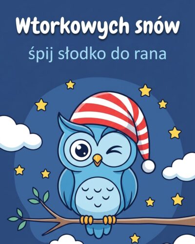 Wesoła sówka w czapce na tle chmurek i gwiazdek zaprasza tekstem "Wtorkowych snów".