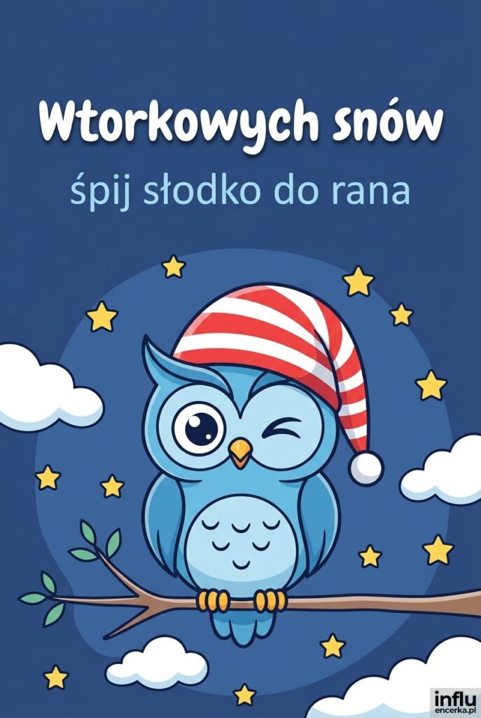 Wesoła sówka w czapce na tle chmurek i gwiazdek zaprasza tekstem "Wtorkowych snów".