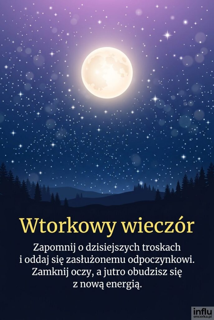 Rozgwieżdżone nocne niebo z księżycem i piękny napis "Wtorkowy wieczór" pomagający się odprężyć.