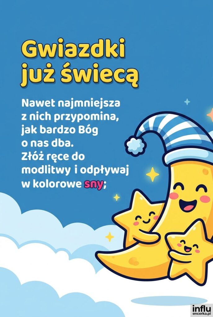 Wesoły uśmiechnięty księżyc i gwiazdki w czapkach wołające „Gwiazdki już świecą”.