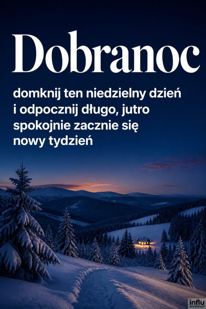 Zaśnieżony wieczorny krajobraz o zmierzchu z napisem „Dobranoc” w bieli na ciemnym niebie.