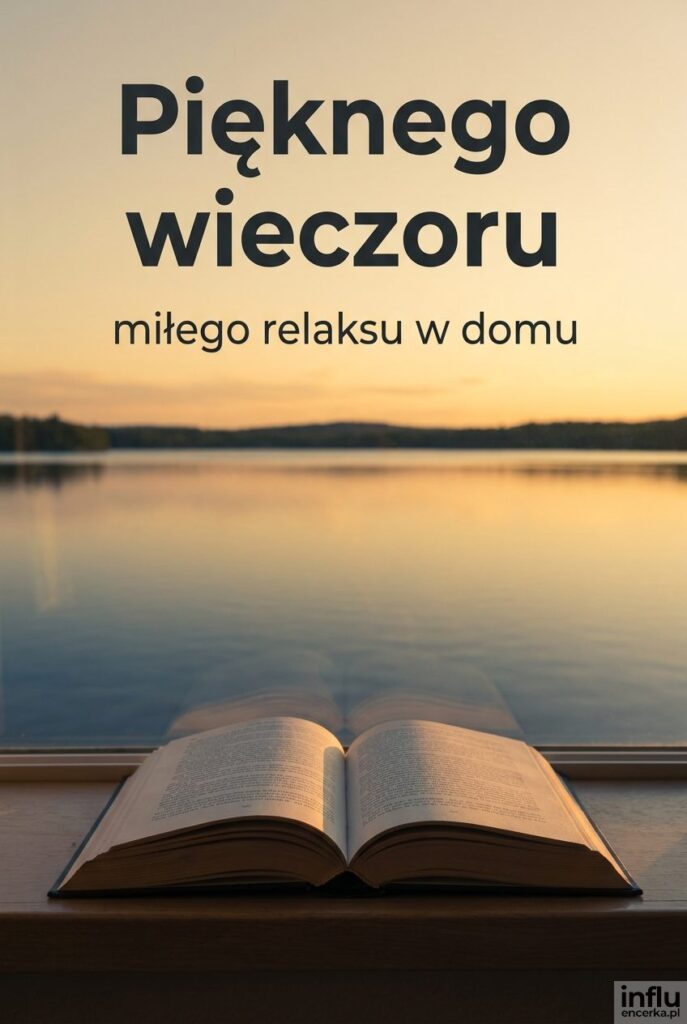 Widok na spokojny zachód słońca przez okno z książką i napisem "Pięknego wieczoru".