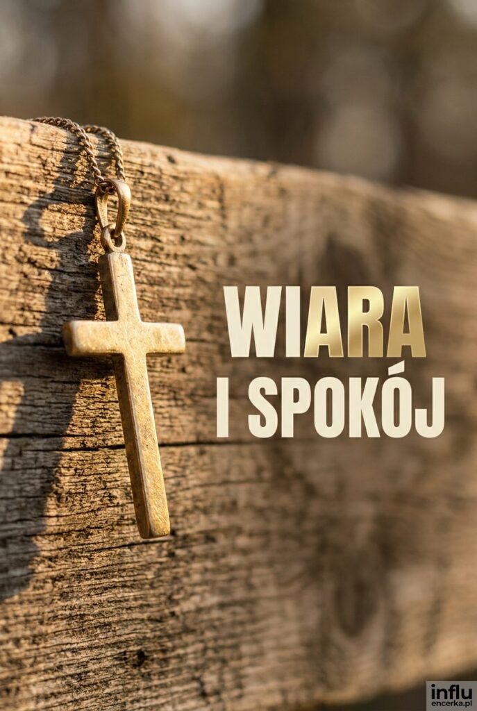 Złoty krzyżyk na drewnianej desce w ciepłym świetle z napisem „Wiara i spokój”.