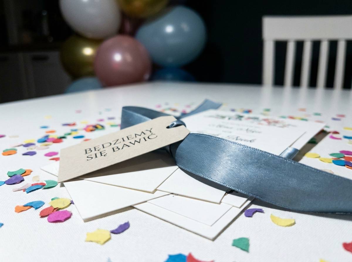 Papierowa zawieszka i konfetti obok kartki zaproszenia jako akcent osobisty w tekście