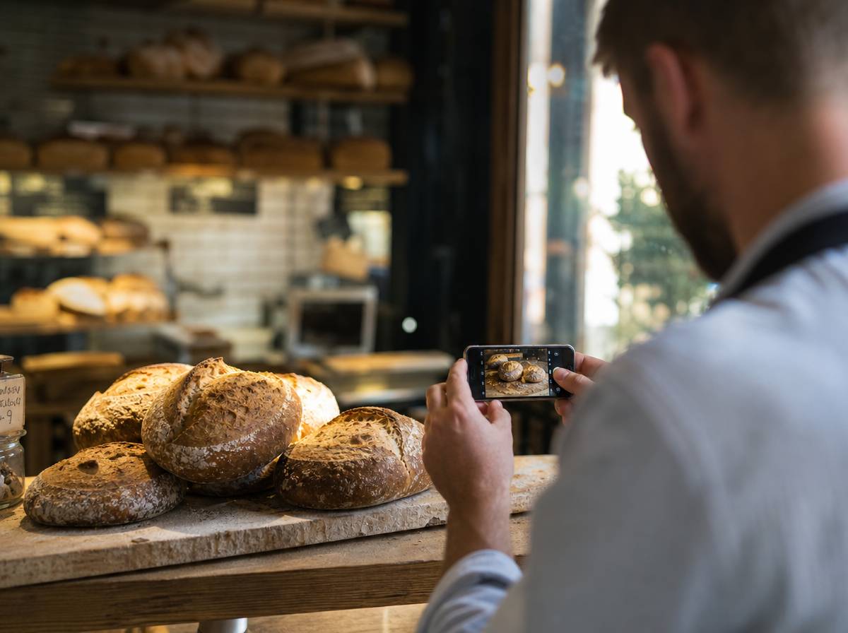 Właściciel piekarni fotografuje pieczywo, aby dodać nowe zdjęcia do profilu firmy w Google