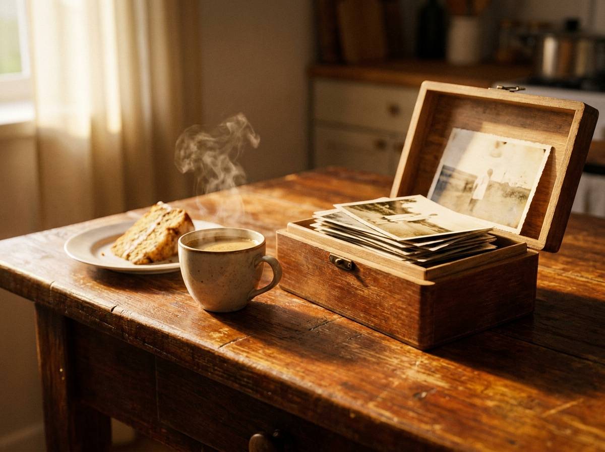 Filiżanka kawy i stare zdjęcia jako materiał na wspomnienie w przemówieniu na złote gody