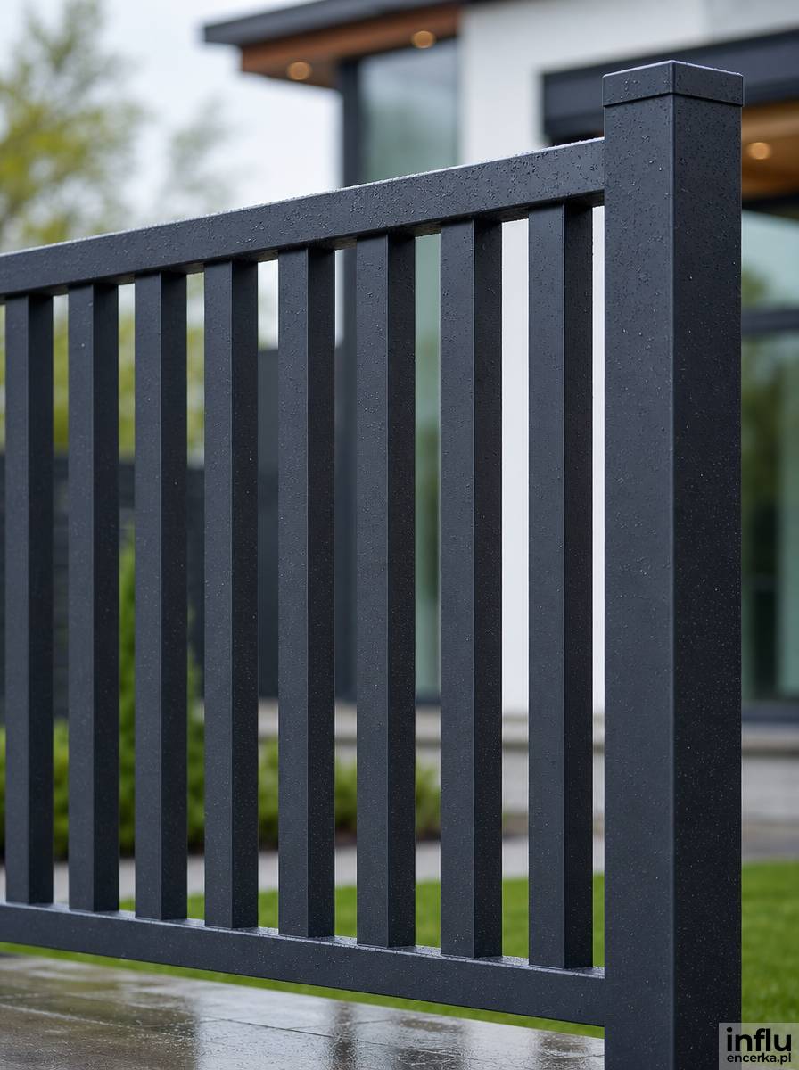 Aluminiowe ogrodzenie frontowe przy nowoczesnej elewacji domu