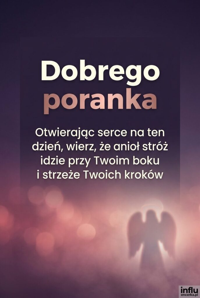 Fioletowo-różowe tło z sylwetką anioła i napisem „Dobrego poranka” w poświacie świtu.