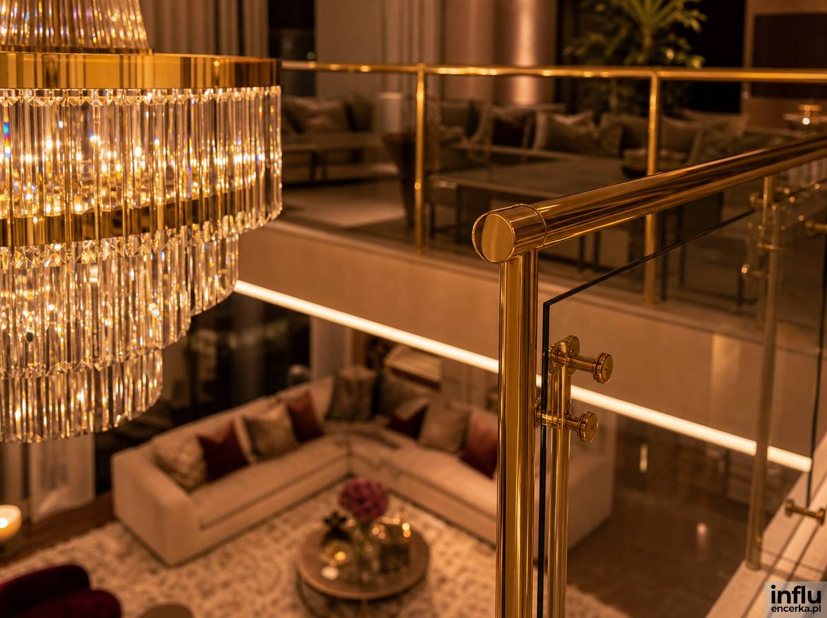 Elegancka antresola w stylu glamour z mosiężną balustradą i żyrandolem