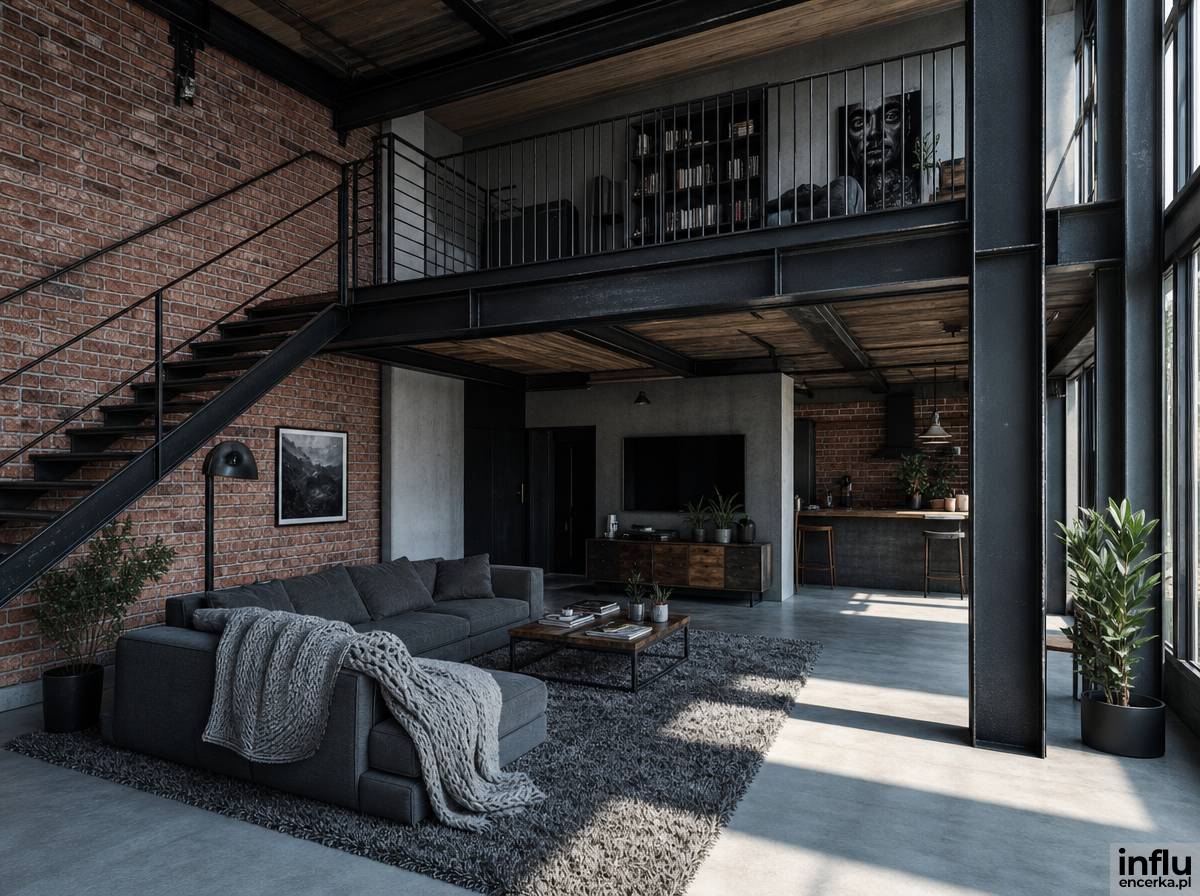 Antresola w stylu industrialnym z cegłą i stalową konstrukcją