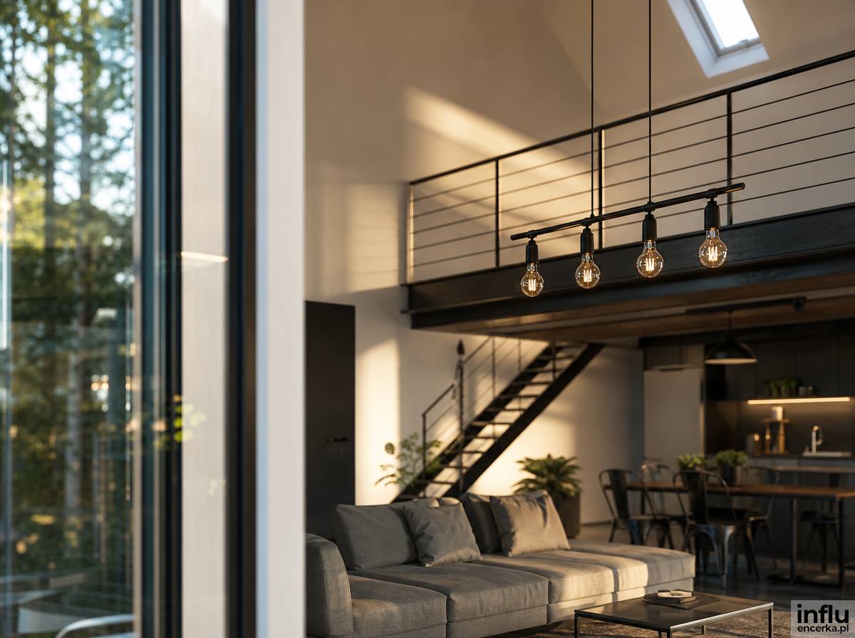 Antresola w stylu loft z metalową balustradą i dużymi oknami
