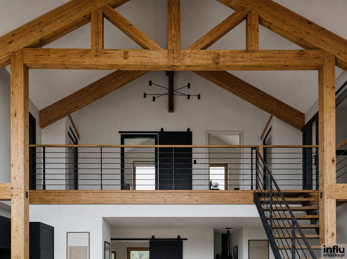 Antresola w stylu modern barn z odkrytą drewnianą więźbą dachową