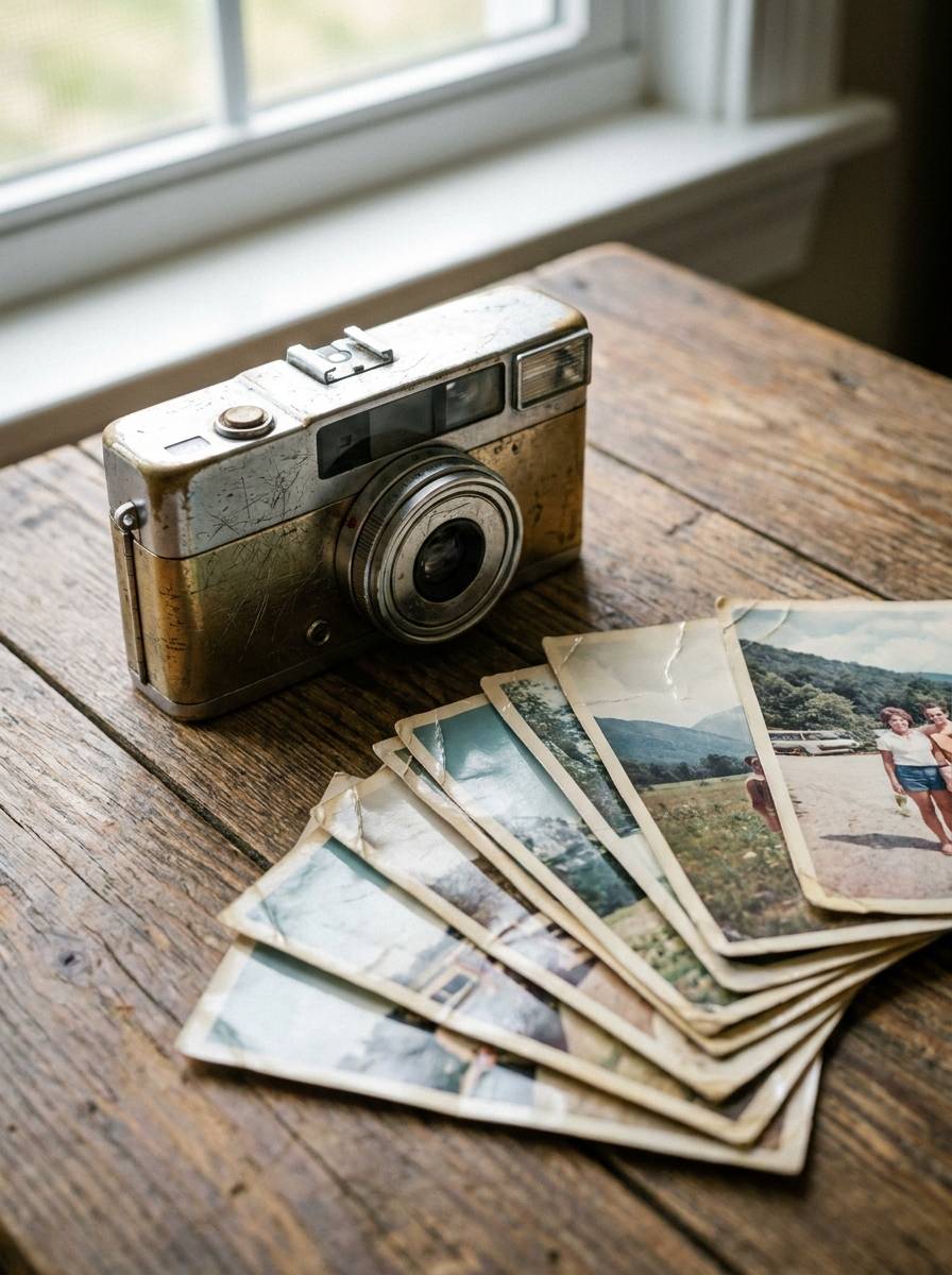 Kompaktowy aparat fotograficzny obok rozłożonych odbitek zdjęć