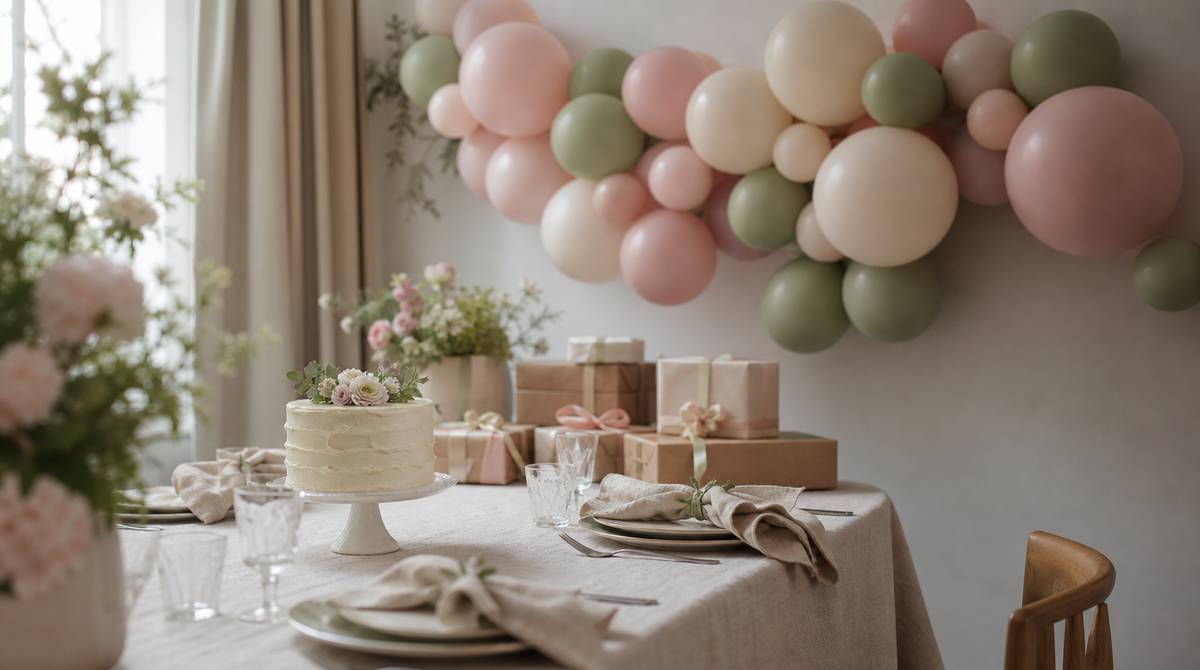 Stół z pastelową dekoracją i balonami przygotowany na baby shower