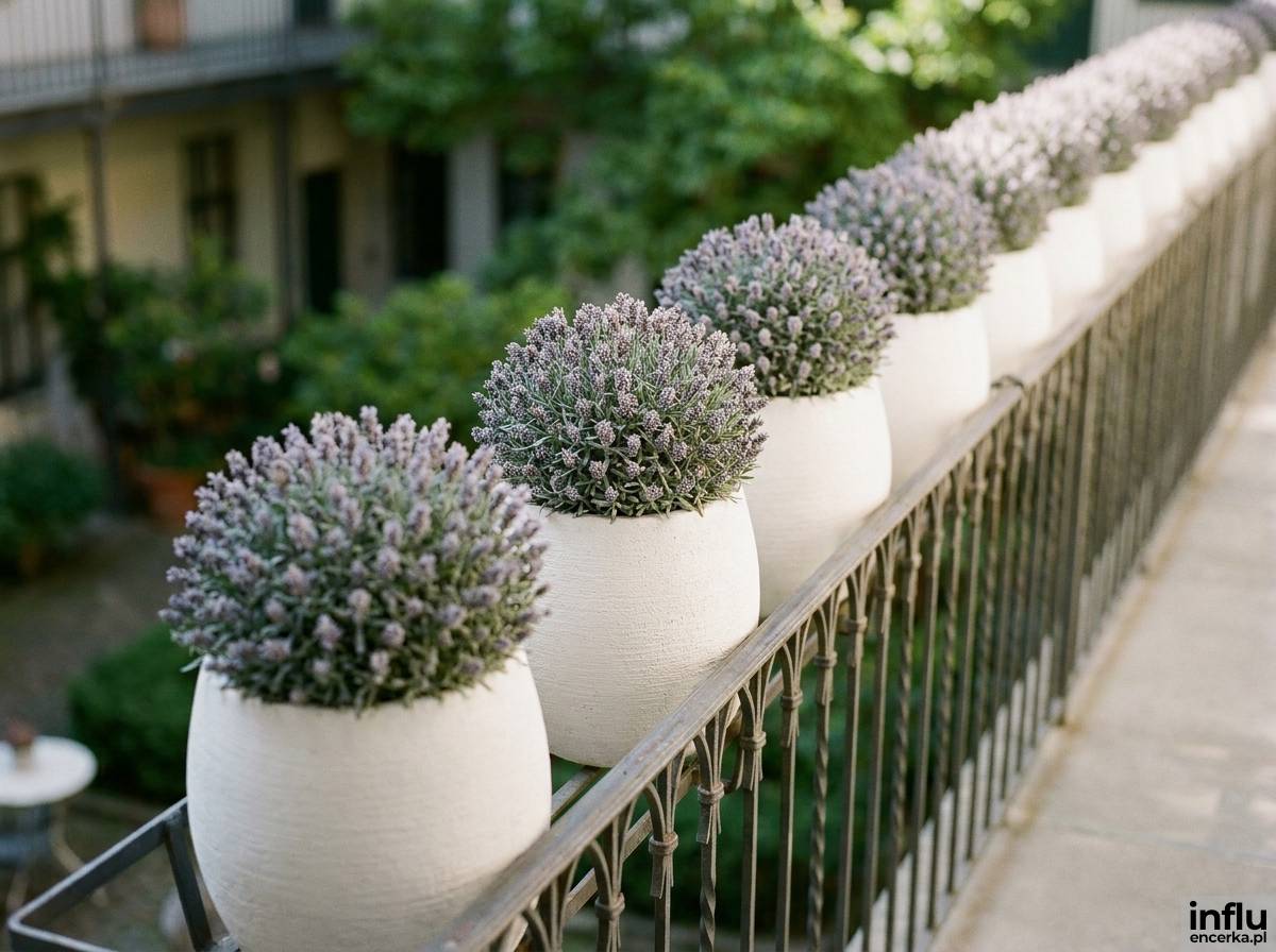 Rząd białych donic z przyciętą lawendą jako żywa bariera przy balustradzie