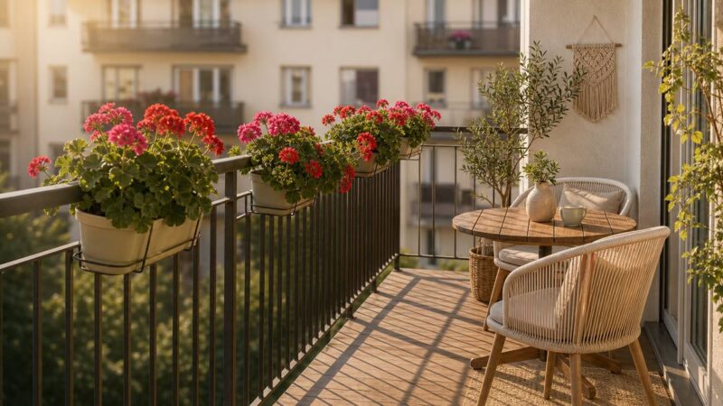 Balkon inspiracje - urządzony balkon w bloku z drewnianym stolikiem i pelargoniami na barierce