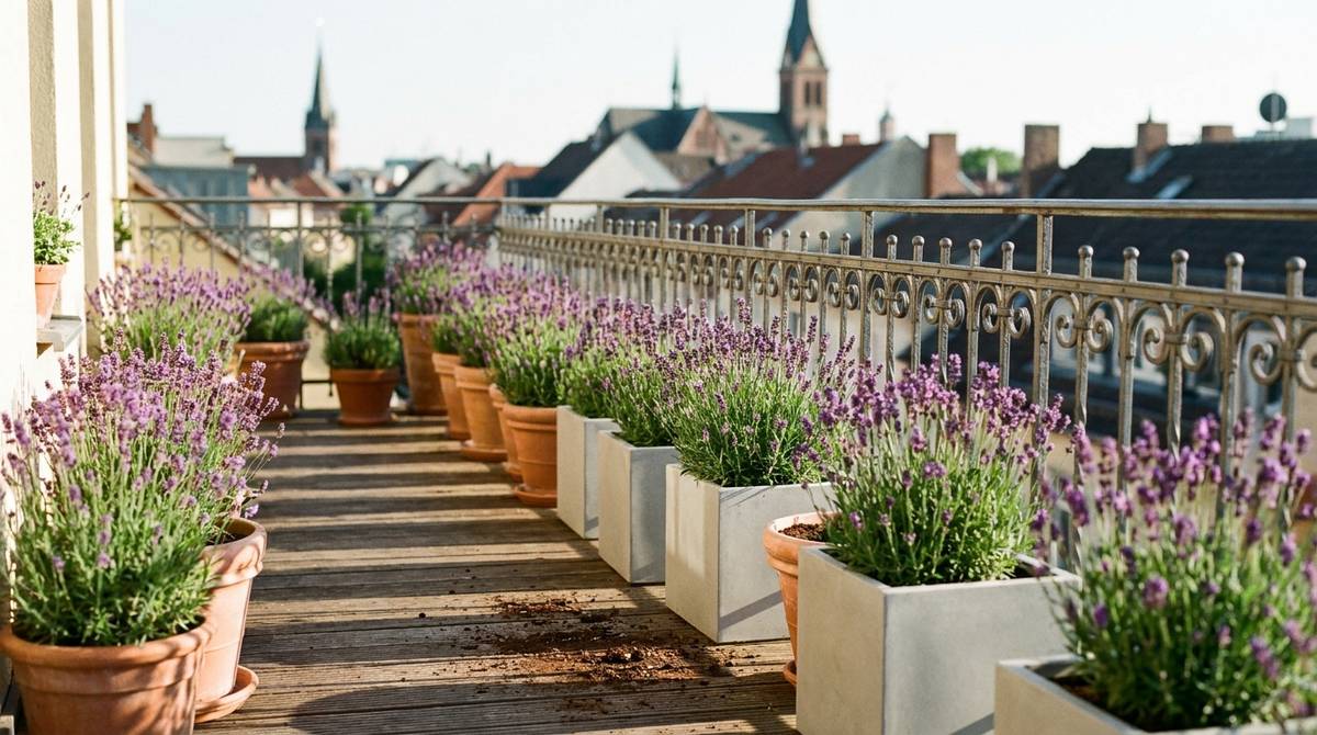 Balkon pełen kwitnącej lawendy w różnych donicach - inspiracje na aranżację