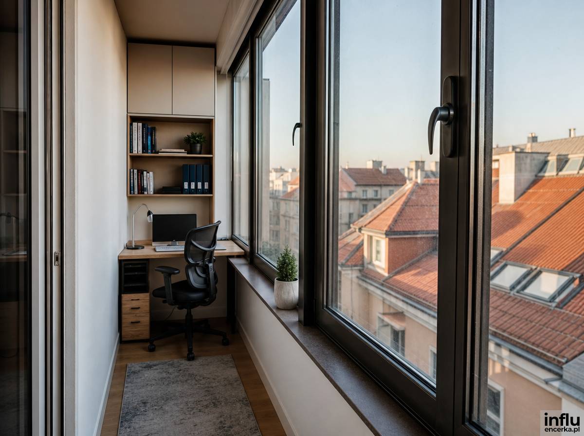 Kącik do pracy na oszklonym balkonie z biurkiem bokiem do okna