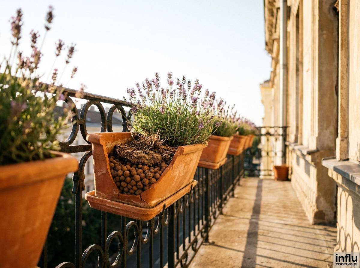Słoneczny balkon z rzędem donic lawendy przy balustradzie