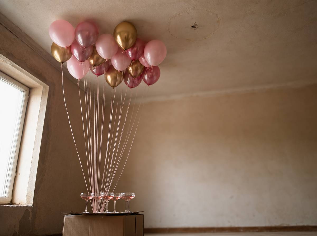 Balony na helu unoszące się pod sufitem w pustym mieszkaniu na parapetówce