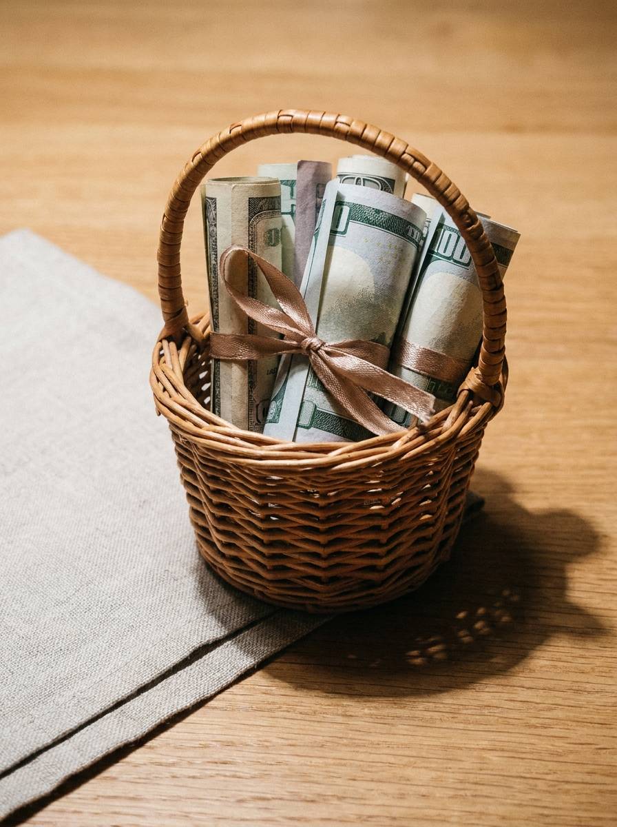 Rulony banknotów ułożone jak bukiet w plecionym koszyczku