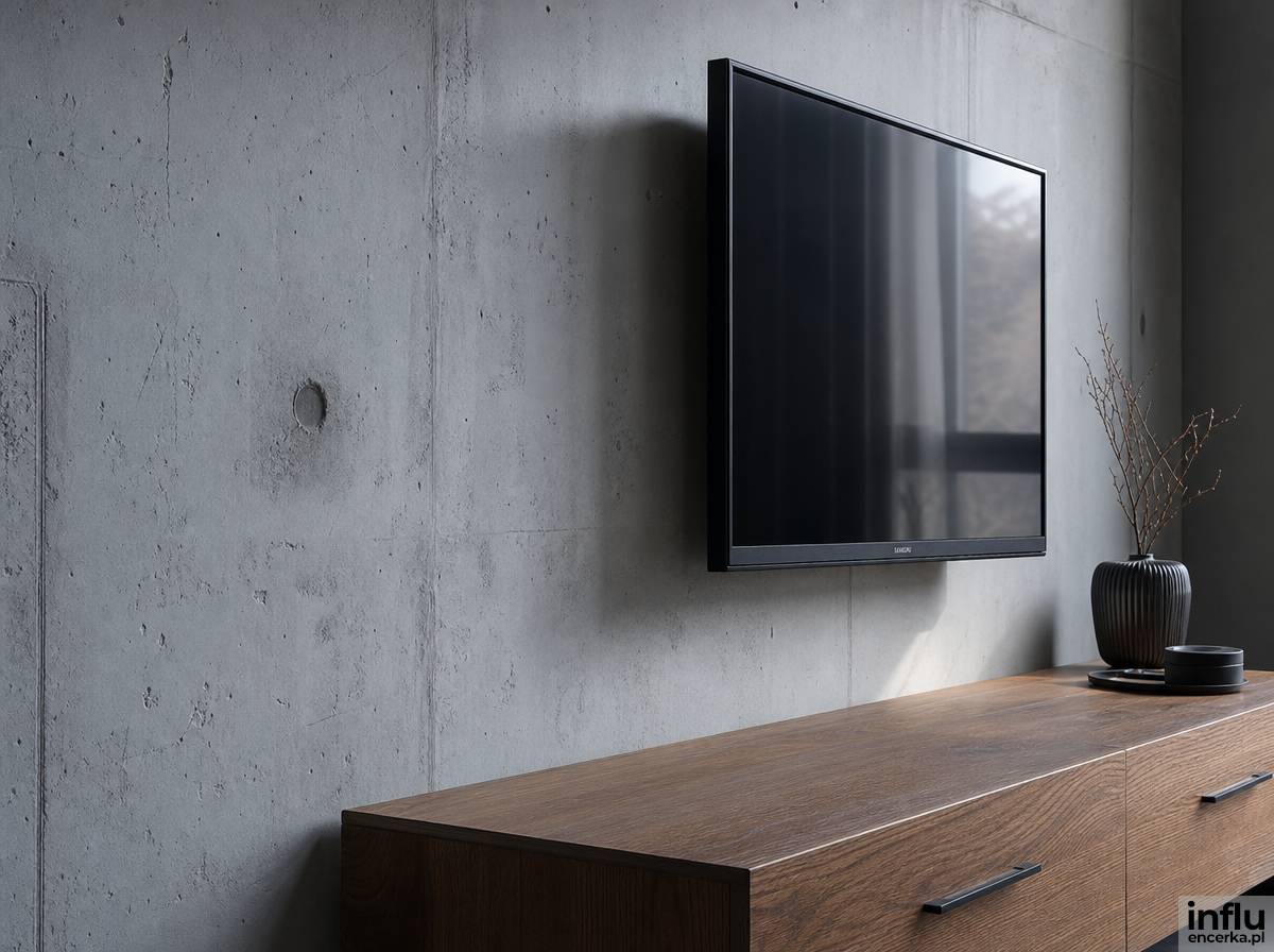 Ściana z betonu architektonicznego jako tło dla telewizora w sypialni