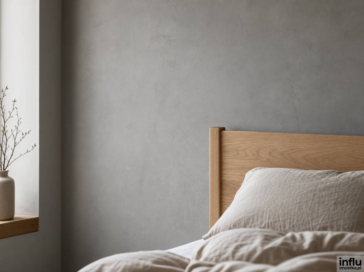 Gładka betonowa ściana z mikrocementu w sypialni loft z drewnianym stelażem łóżka