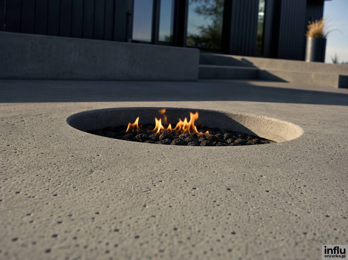Nowoczesne betonowe palenisko wtopione w betonową nawierzchnię