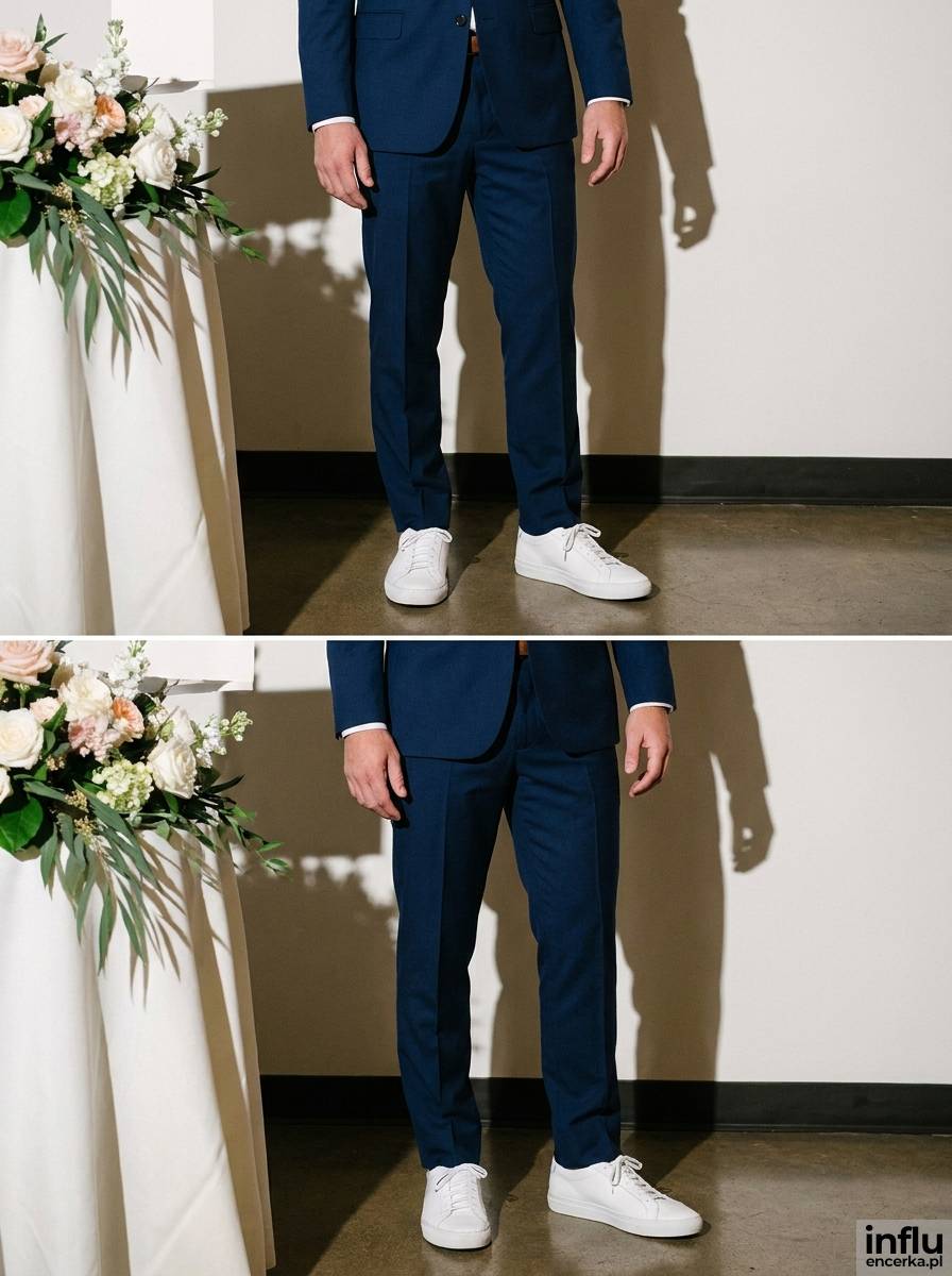Granatowy garnitur i białe trampki na wesele – elegancki casualowy zestaw