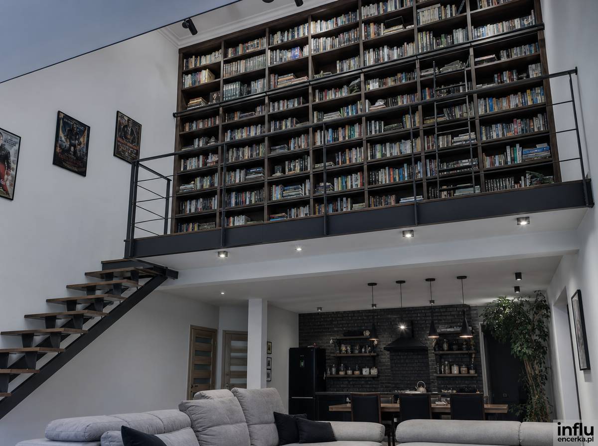 Biblioteka na antresoli z wysokimi regałami i drabinką biblioteczną