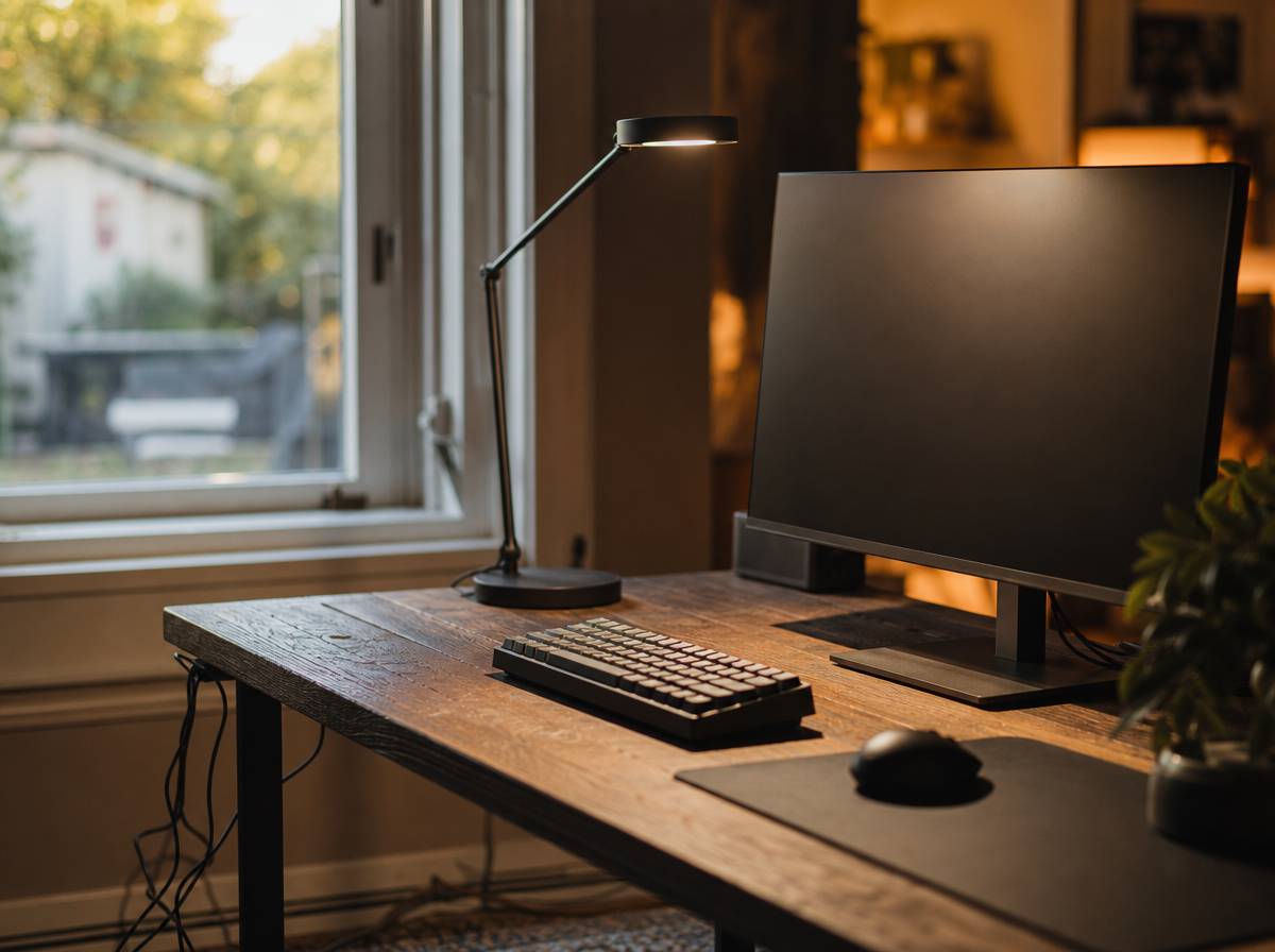 Biurko oświetlone lampą i światłem z okna ustawionym bokiem, typowe stanowisko home office