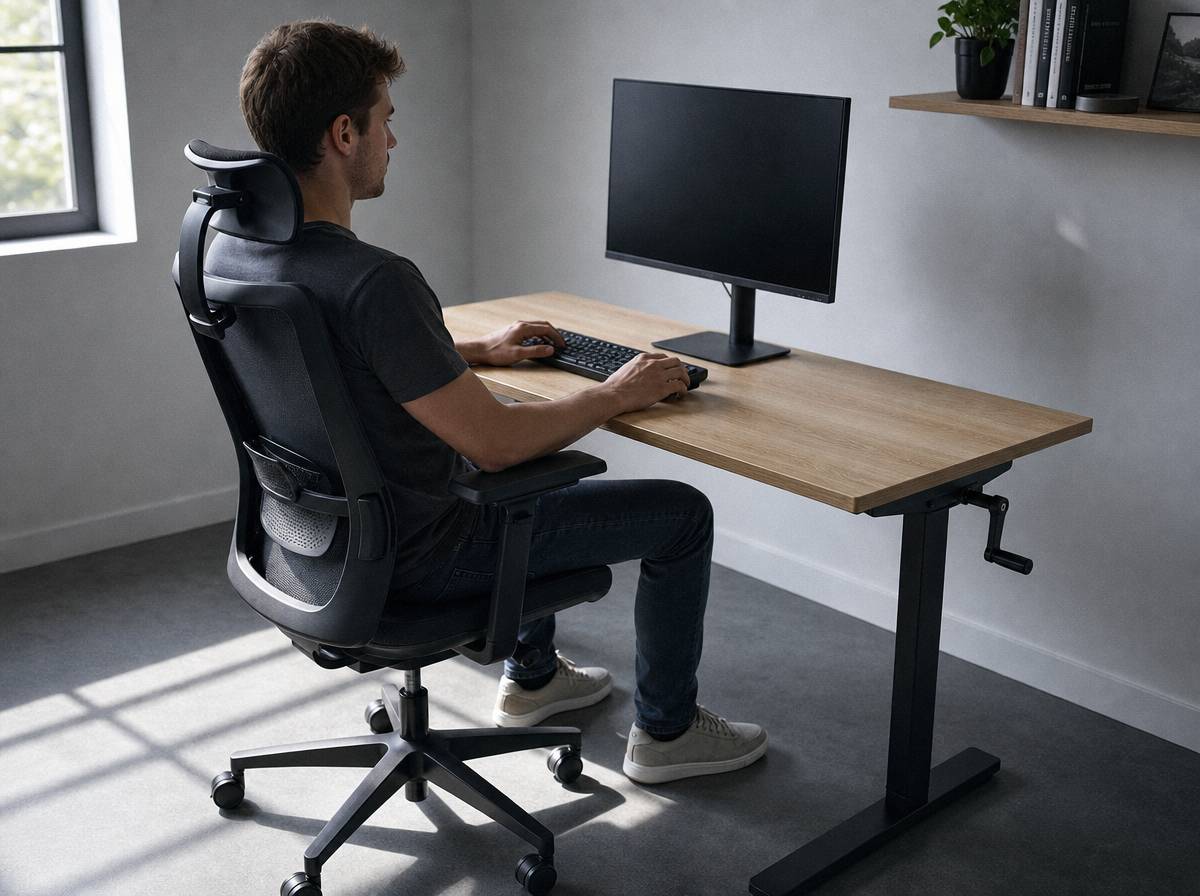 Mężczyzna siedzi na ergonomicznym krześle przy biurku z regulacją wysokości w domowym biurze