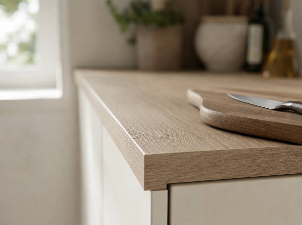 Blat laminowany w kuchni z widocznym obrzeżem PVC przy krawędzi