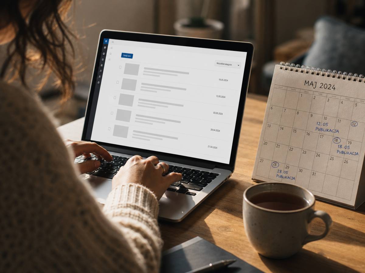 Kobieta edytuje wpis blogowy na laptopie z listą artykułów