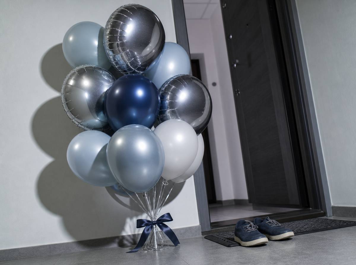 Bukiet balonowy ustawiony przy wejściu do mieszkania na parapetówkę