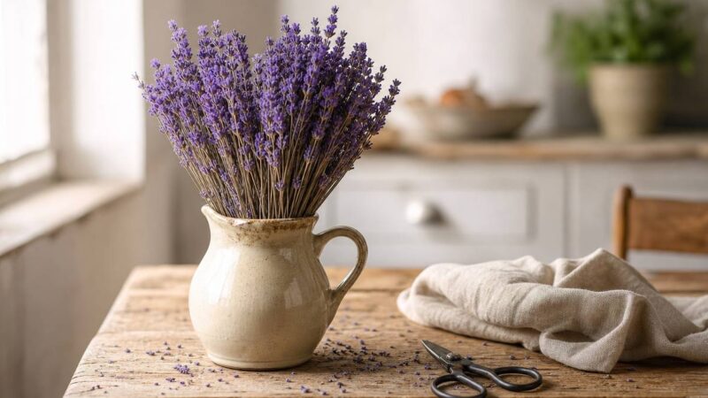 Bukiet suszonej lawendy w ceramicznym dzbanku jako pomysł na dekorację z lawendy w salonie