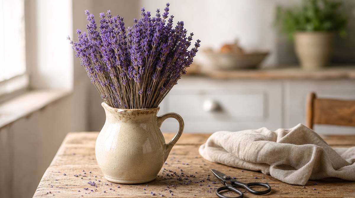 Bukiet suszonej lawendy w ceramicznym dzbanku jako pomysł na dekorację z lawendy w salonie