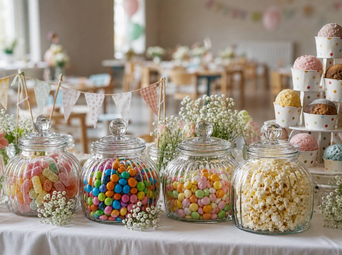Candy bar ze słodyczami w słoikach na weselu