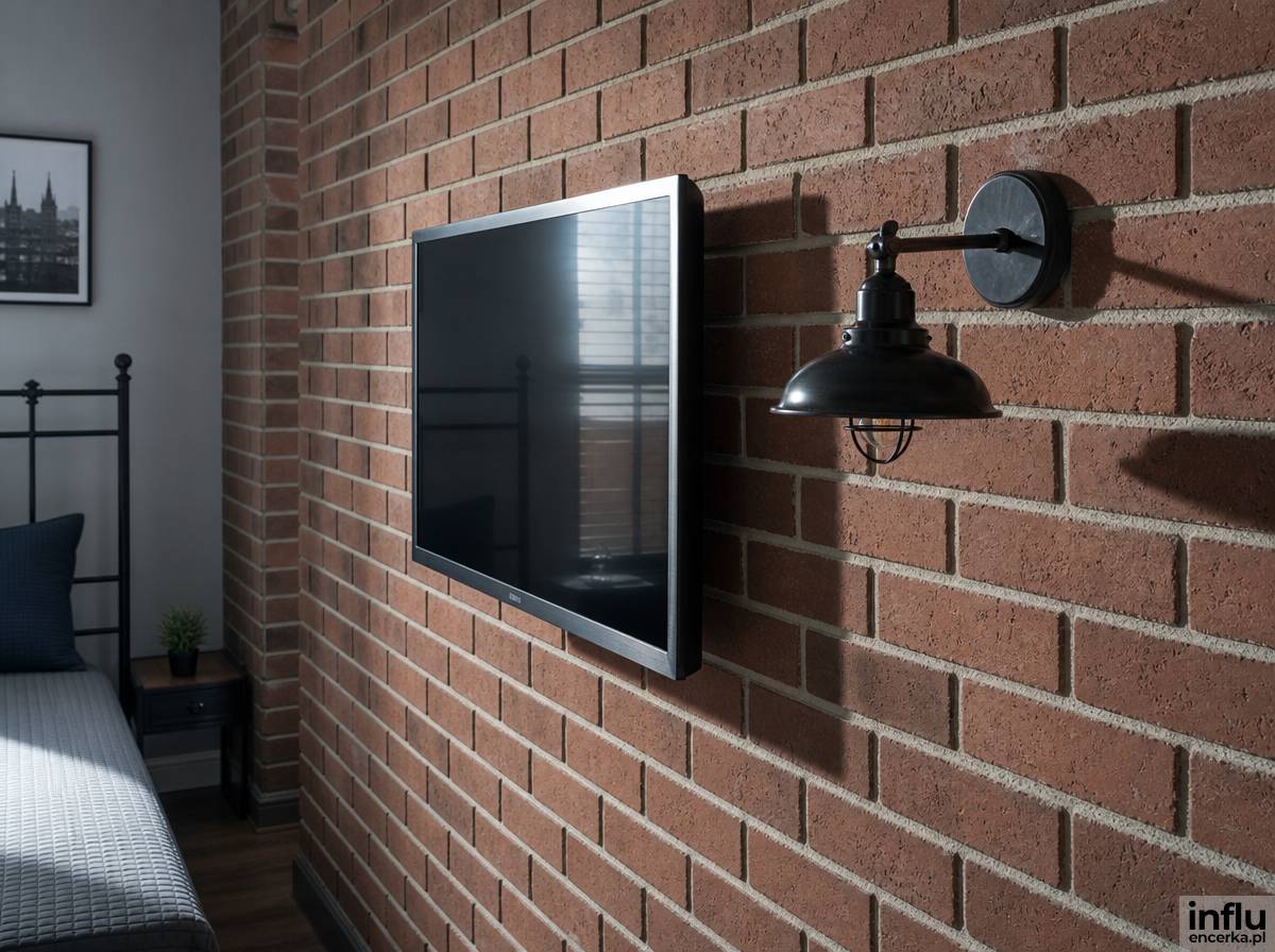 Ściana z klinkieru w stylu loftowym jako tło dla telewizora w sypialni