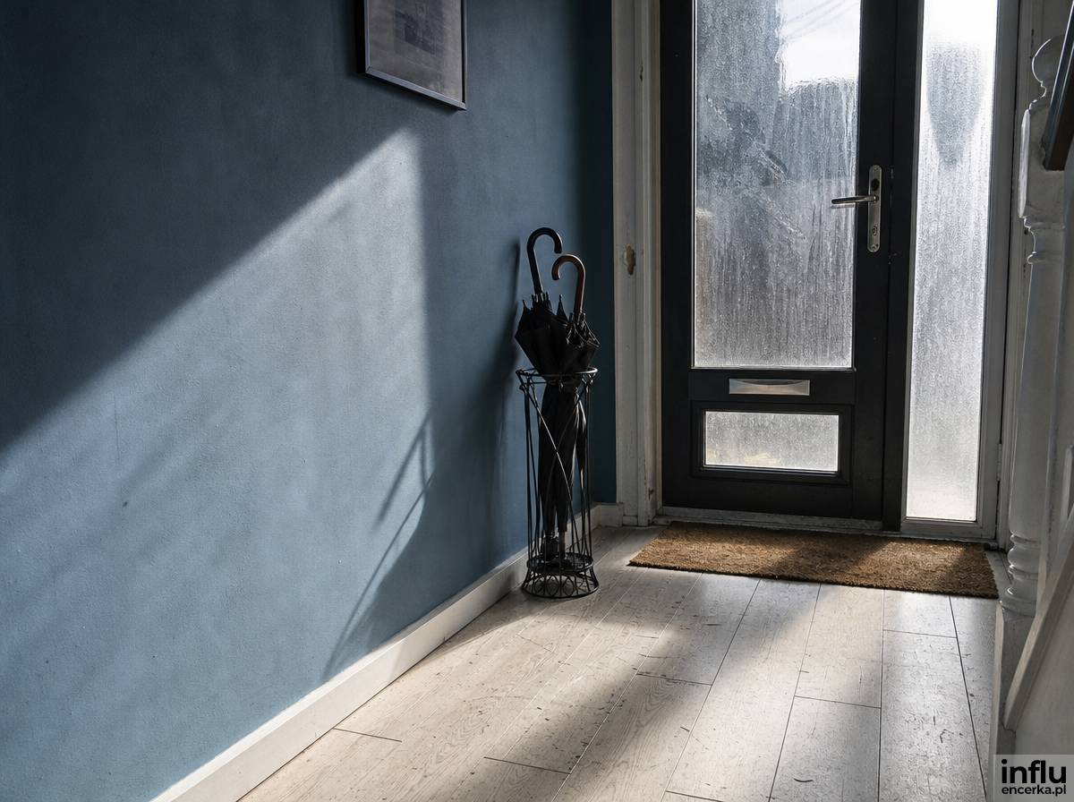 Chłodny błękit na ścianie przy przeszklonych drzwiach wejściowych