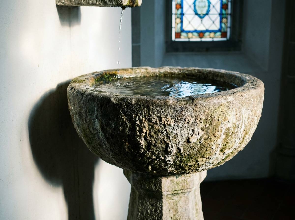 Kamienna chrzcielnica wypełniona wodą świętą w kaplicy kościoła