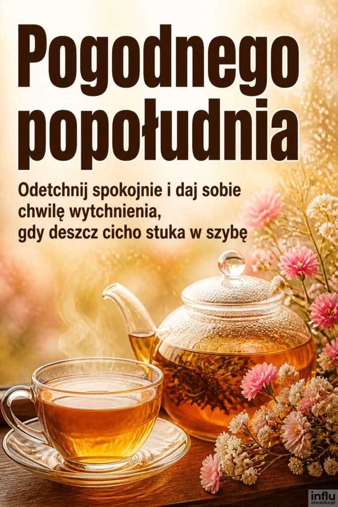 Filiżanka herbaty i kwiaty na parapecie z nagłówkiem „Pogodnego popołudnia”.
