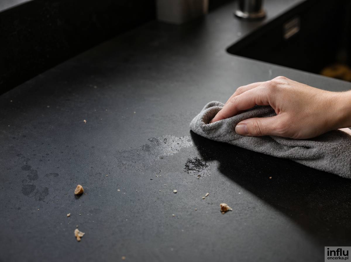 Czarny blat kuchenny ze śladami użycia podczas codziennego czyszczenia