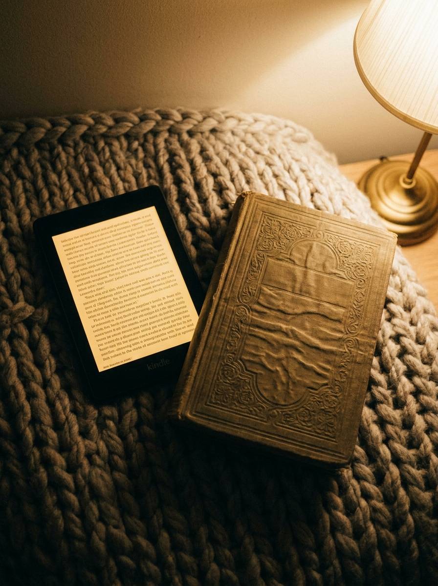 Czytnik e-booków obok książki w płóciennej oprawie na łóżku