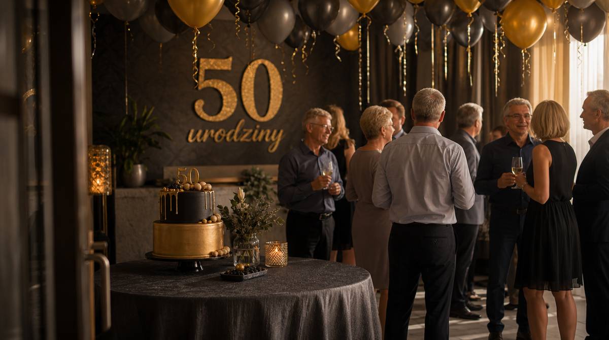 Udekorowana sala na 50 urodziny z balonami i gośćmi wznoszącymi toast