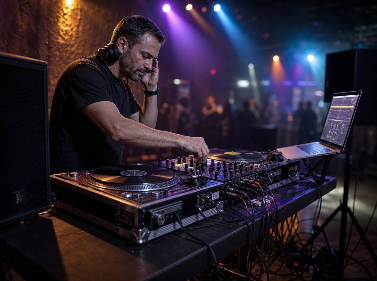 DJ przy konsoli podczas przyjęcia na 50 urodziny z kolorowym oświetleniem